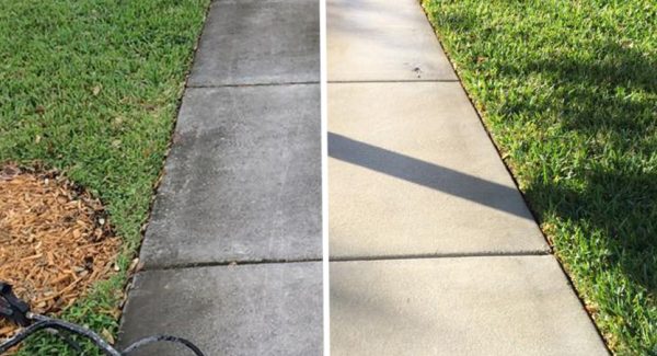 sidewalk before and after power washing