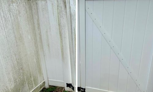 fence before and after pressure washing